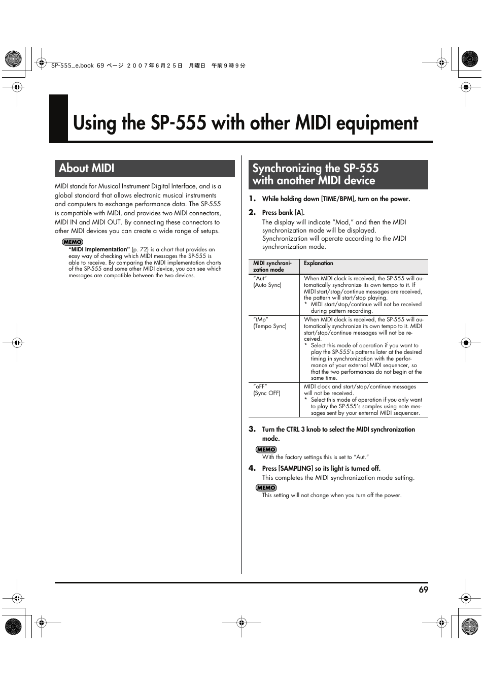 Using the sp-555 with other midi equipment, About midi, Synchronizing the sp-555 with another midi device | Roland SP-555 User Manual | Page 69 / 80