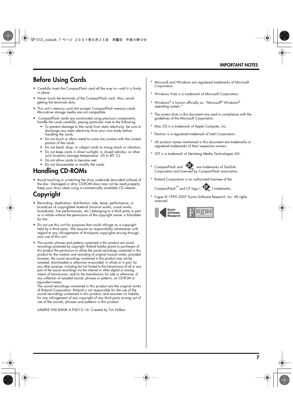 Before using cards, Handling cd-roms, Copyright | Roland SP-555 User Manual | Page 7 / 80