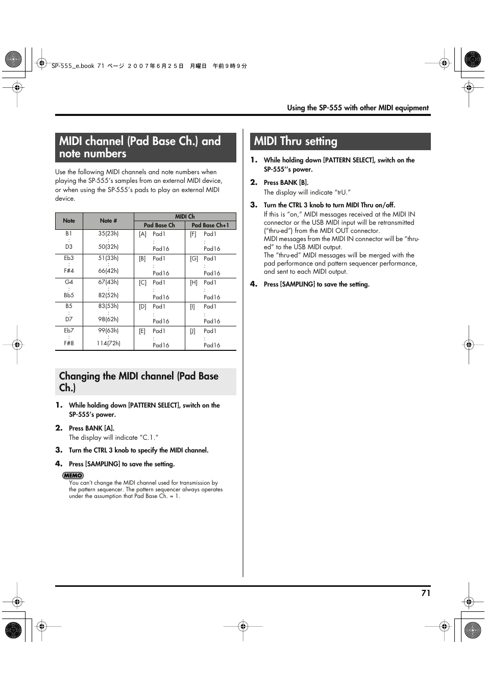 Midi channel (pad base ch.) and note numbers, Changing the midi channel (pad base ch.), Midi thru setting | Roland SP-555 User Manual | Page 71 / 80