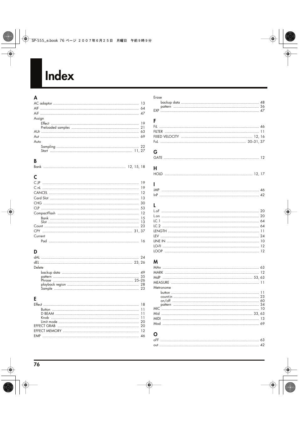 Index | Roland SP-555 User Manual | Page 76 / 80