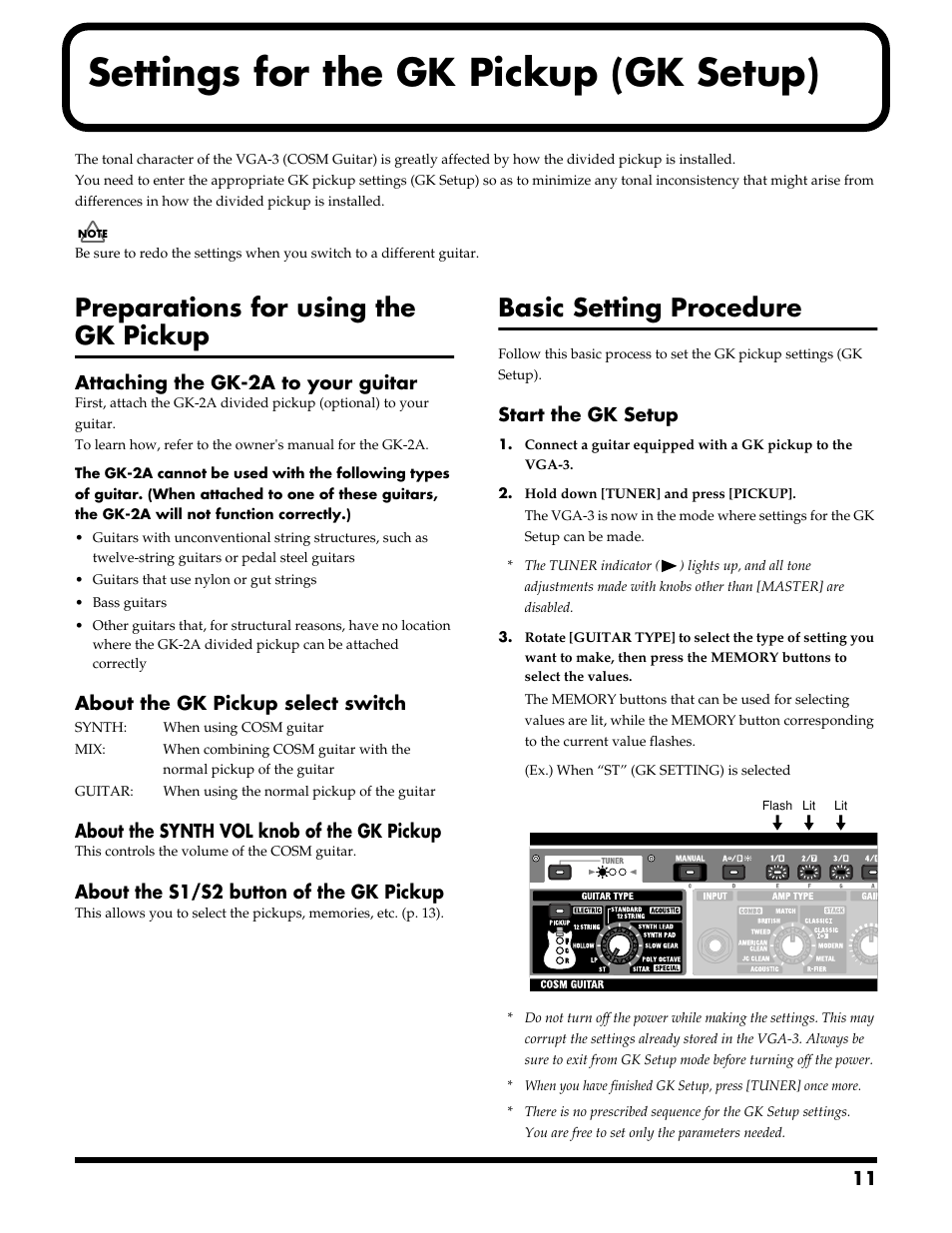 Settings for the gk pickup (gk setup), Preparations for using the gk pickup, Basic setting procedure | Roland VGA-3 User Manual | Page 11 / 36