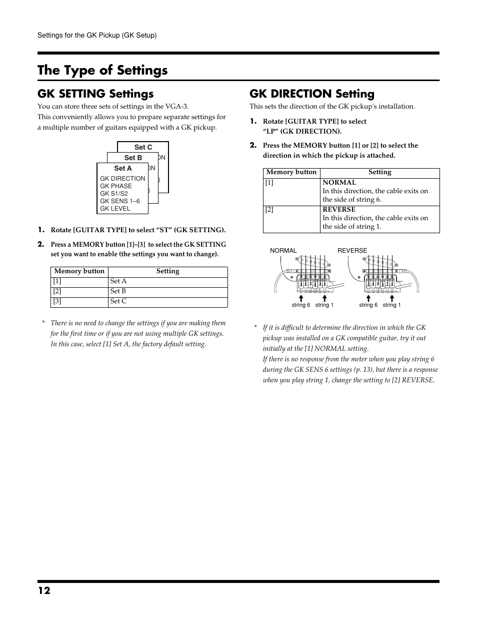 The type of settings, Gk setting settings, Gk direction setting | Roland VGA-3 User Manual | Page 12 / 36