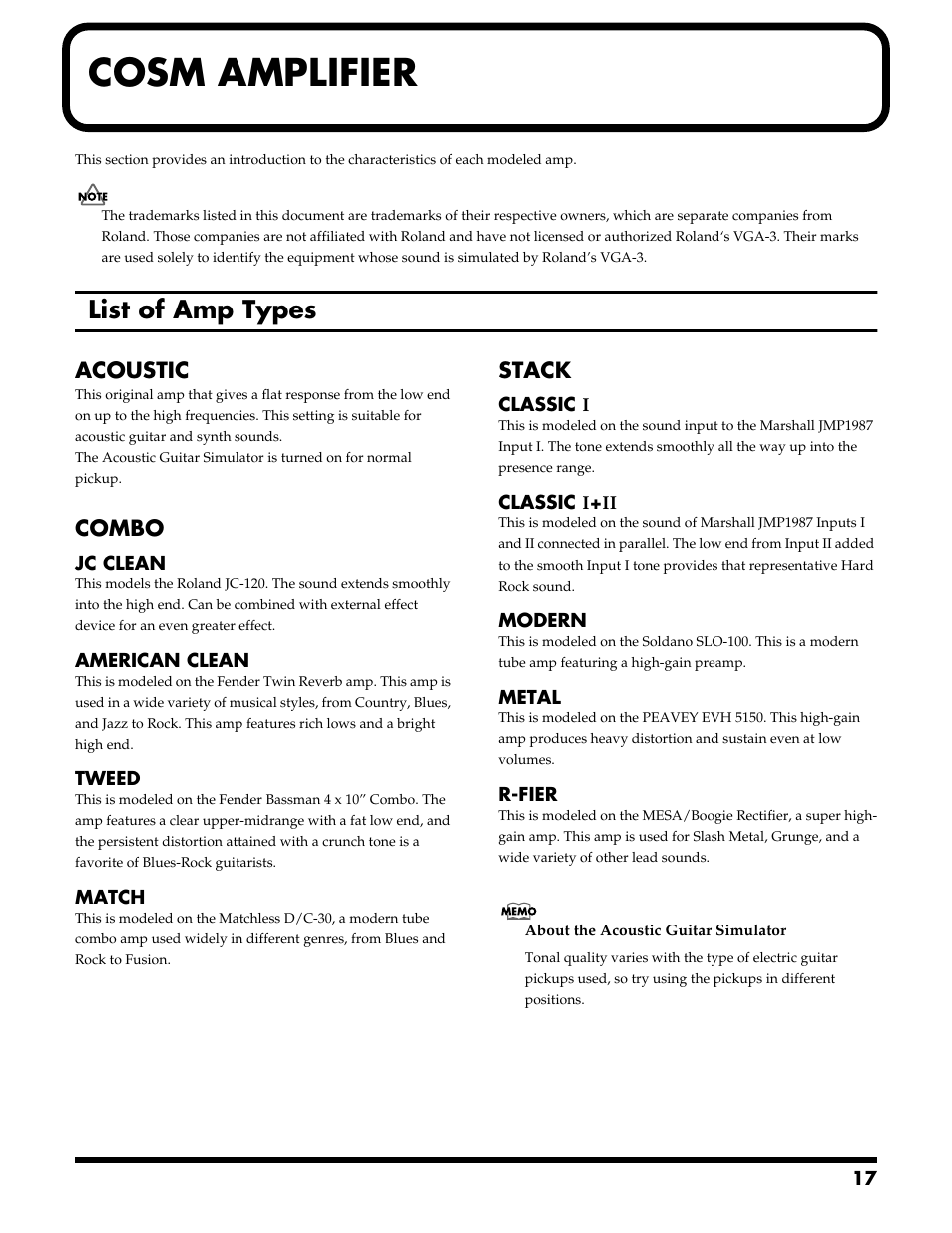 Cosm amplifier, List of amp types, Acoustic | Combo, Stack | Roland VGA-3 User Manual | Page 17 / 36