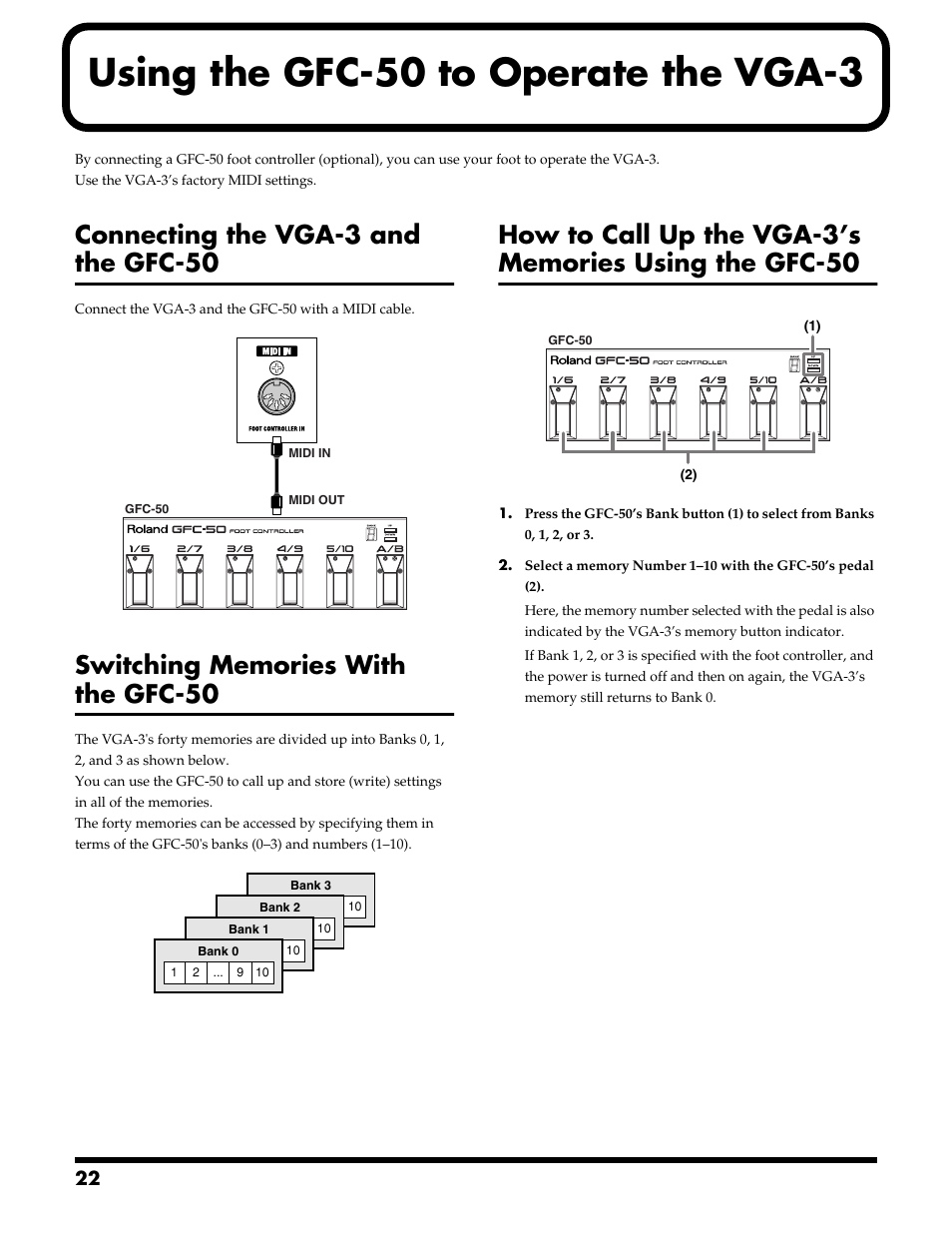 Using the gfc-50 to operate the vga-3, Connecting the vga-3 and the gfc-50 | Roland VGA-3 User Manual | Page 22 / 36
