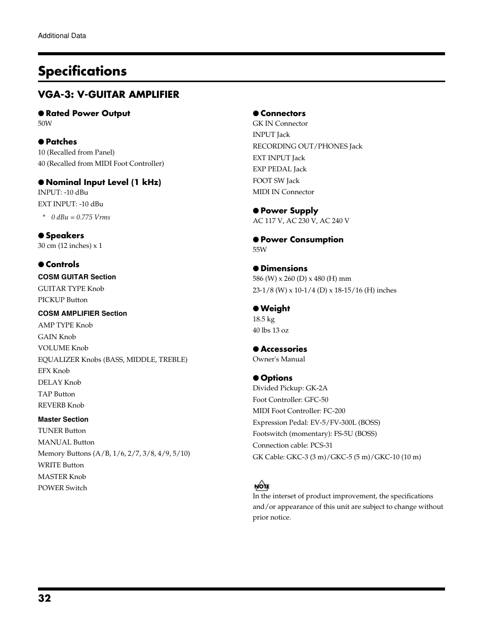 Specifications, Vga-3: v-guitar amplifier | Roland VGA-3 User Manual | Page 32 / 36
