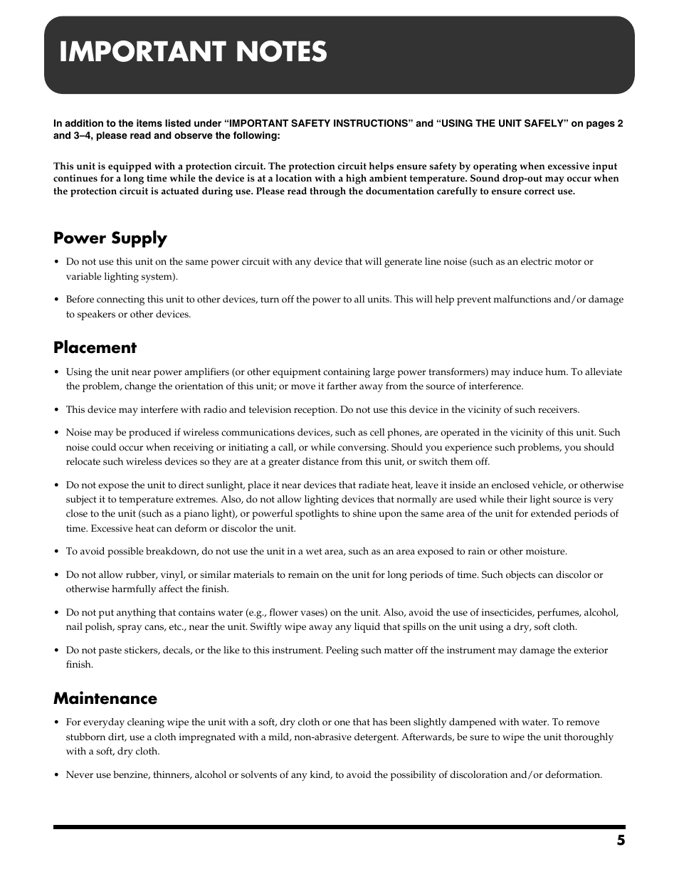 Power supply, Placement, Maintenance | Roland VGA-3 User Manual | Page 5 / 36