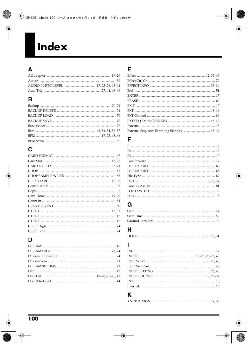 Index | Roland SP-606 User Manual | Page 100 / 104