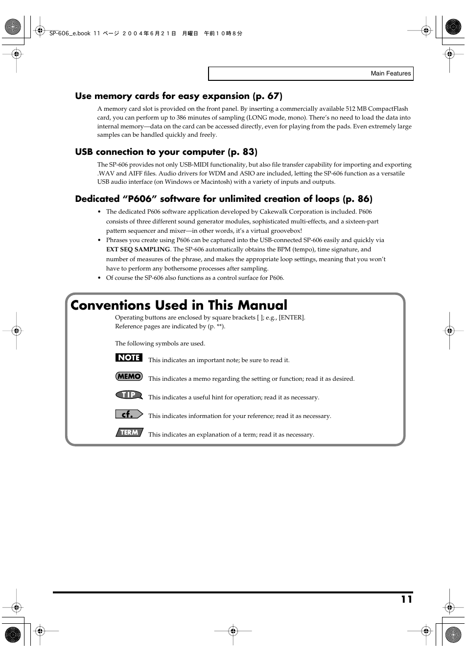 Conventions used in this manual | Roland SP-606 User Manual | Page 11 / 104