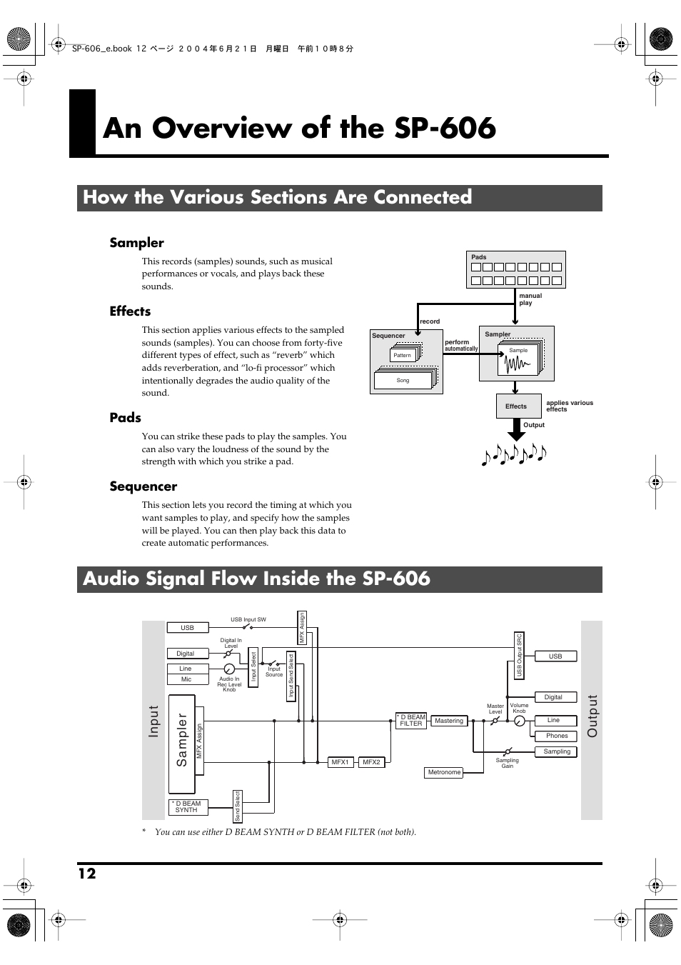 An overview of the sp-606, How the various sections are connected, Audio signal flow inside the sp-606 | Sample from a variety of sources (p. 12, p. 84), Sampler, Effects, Pads, Sequencer, Sampler input output | Roland SP-606 User Manual | Page 12 / 104