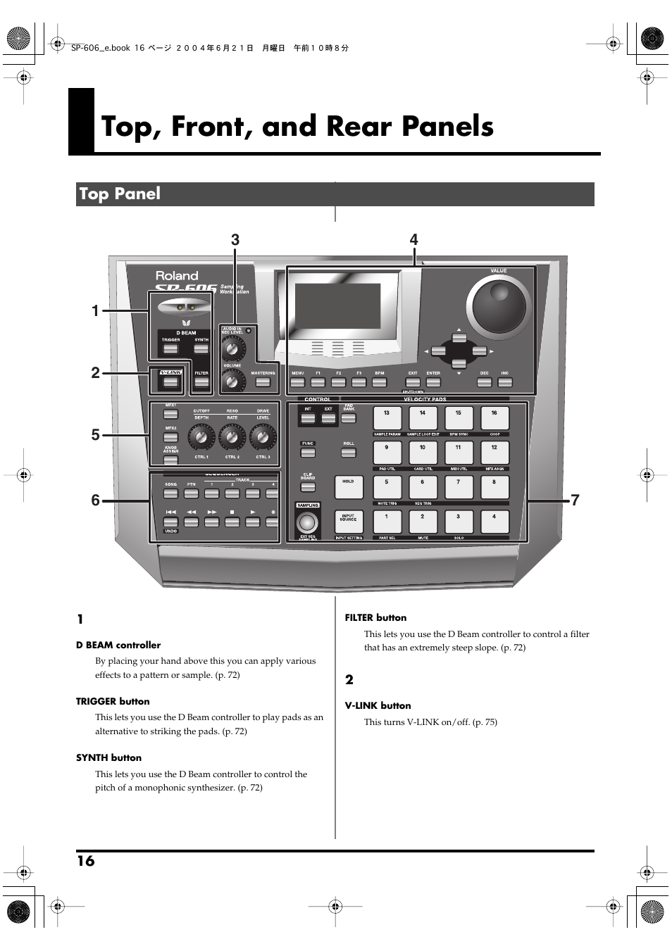 Top, front, and rear panels, Top panel | Roland SP-606 User Manual | Page 16 / 104