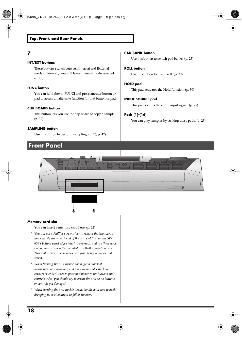 Front panel | Roland SP-606 User Manual | Page 18 / 104