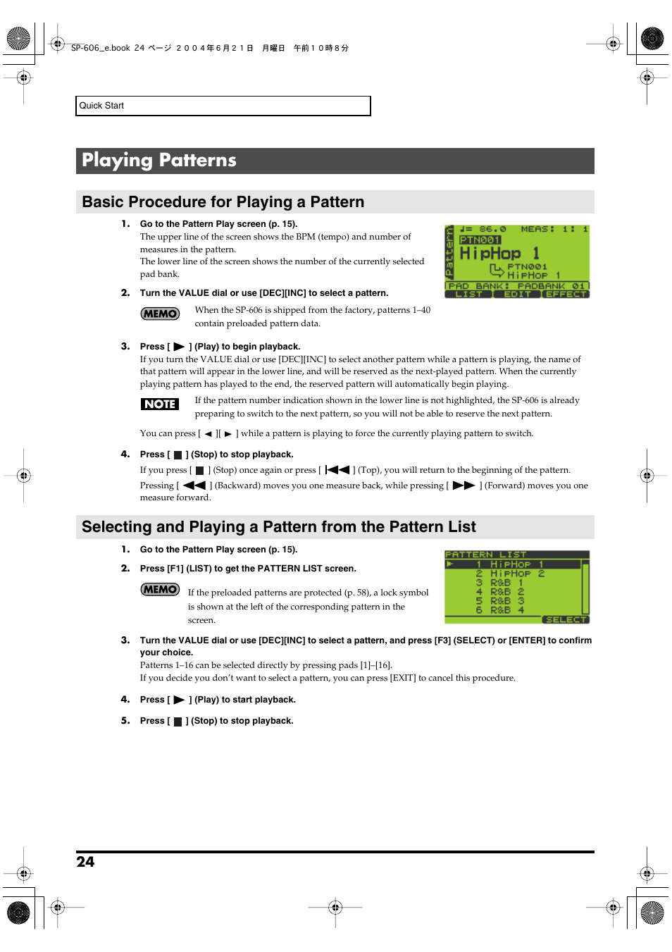 Playing patterns, Basic procedure for playing a pattern | Roland SP-606 User Manual | Page 24 / 104