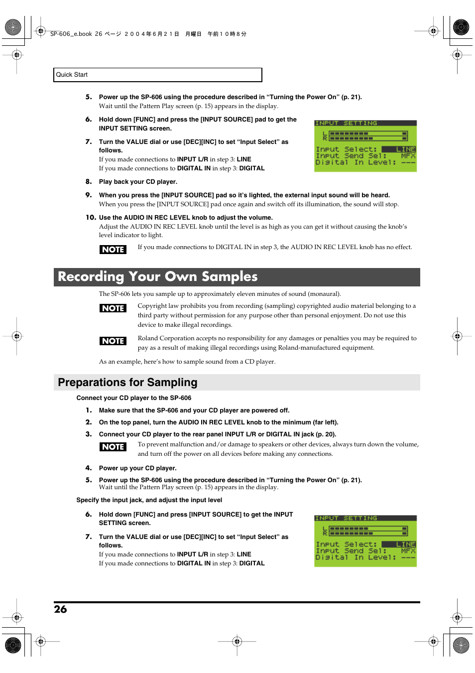 Recording your own samples, Preparations for sampling, Quick and easy sampling (p. 26, p. 42) | P. 26, p. 44) | Roland SP-606 User Manual | Page 26 / 104