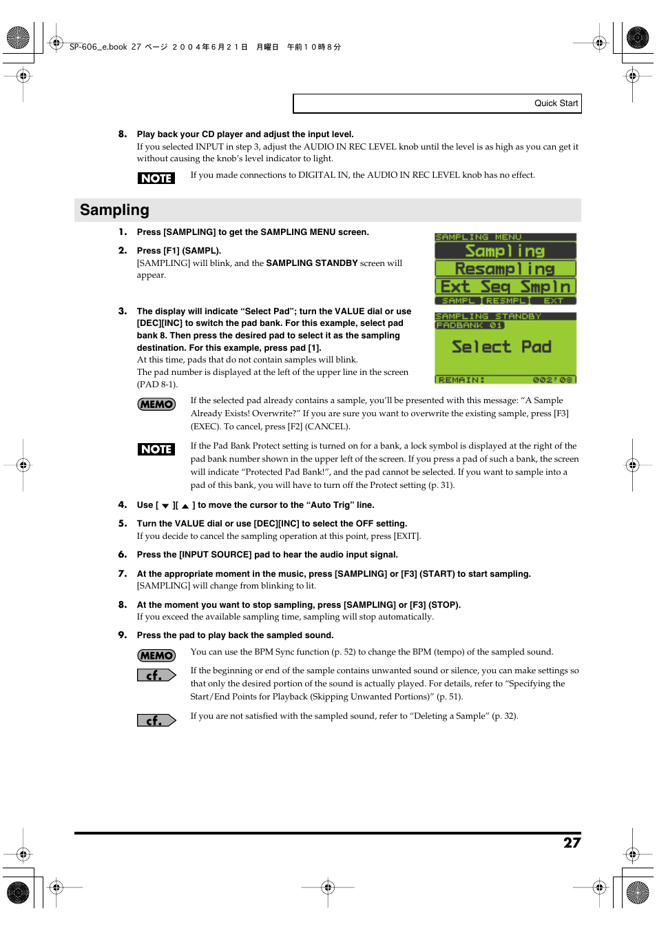 Sampling | Roland SP-606 User Manual | Page 27 / 104