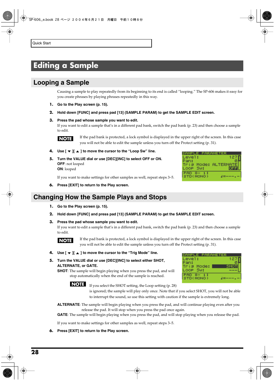 Editing a sample, Looping a sample, Changing how the sample plays and stops | Roland SP-606 User Manual | Page 28 / 104