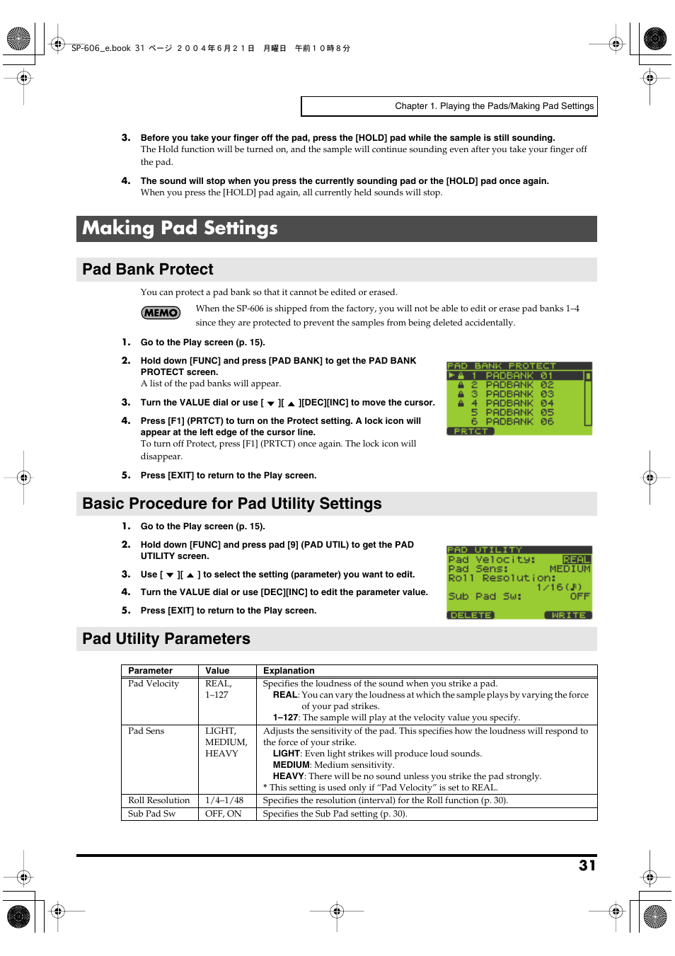 Making pad settings, Pad bank protect, Basic procedure for pad utility settings | Pad utility parameters | Roland SP-606 User Manual | Page 31 / 104