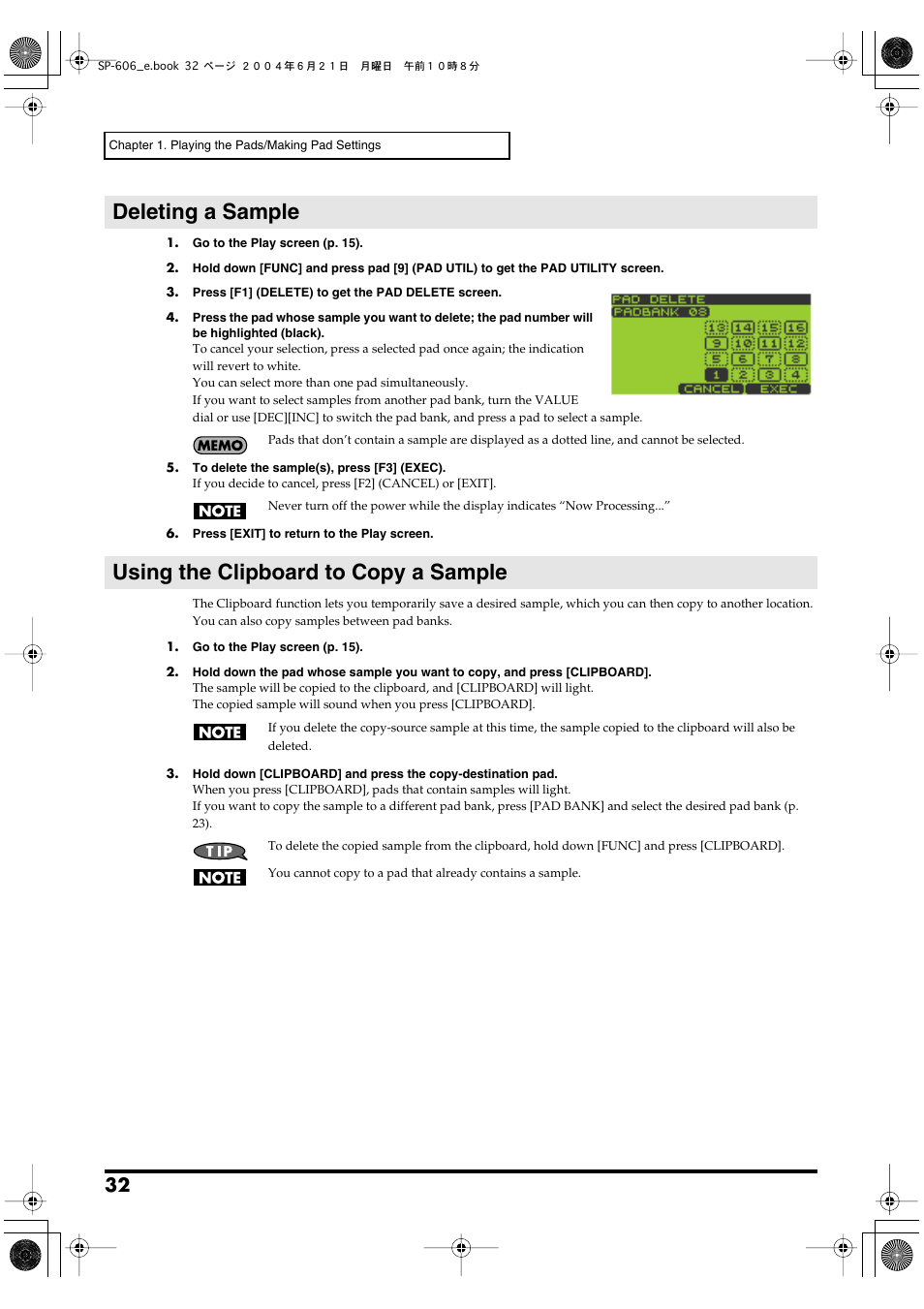 Deleting a sample, Using the clipboard to copy a sample, P. 32) | Roland SP-606 User Manual | Page 32 / 104