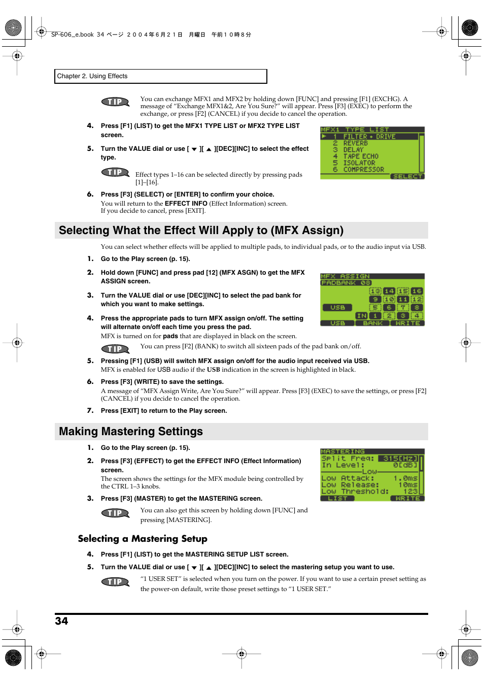 Making mastering settings, Selecting a mastering setup | Roland SP-606 User Manual | Page 34 / 104