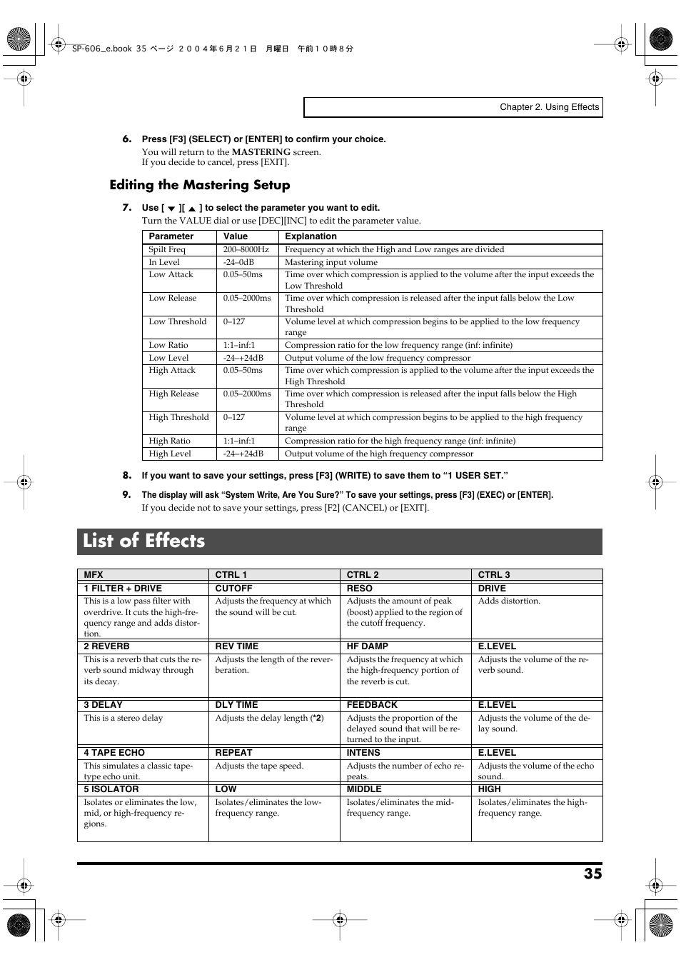 List of effects, Editing the mastering setup | Roland SP-606 User Manual | Page 35 / 104