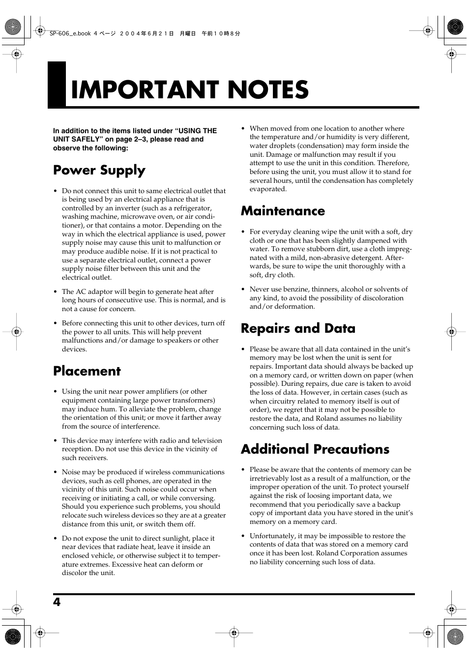 Power supply, Placement, Maintenance | Repairs and data, Additional precautions | Roland SP-606 User Manual | Page 4 / 104