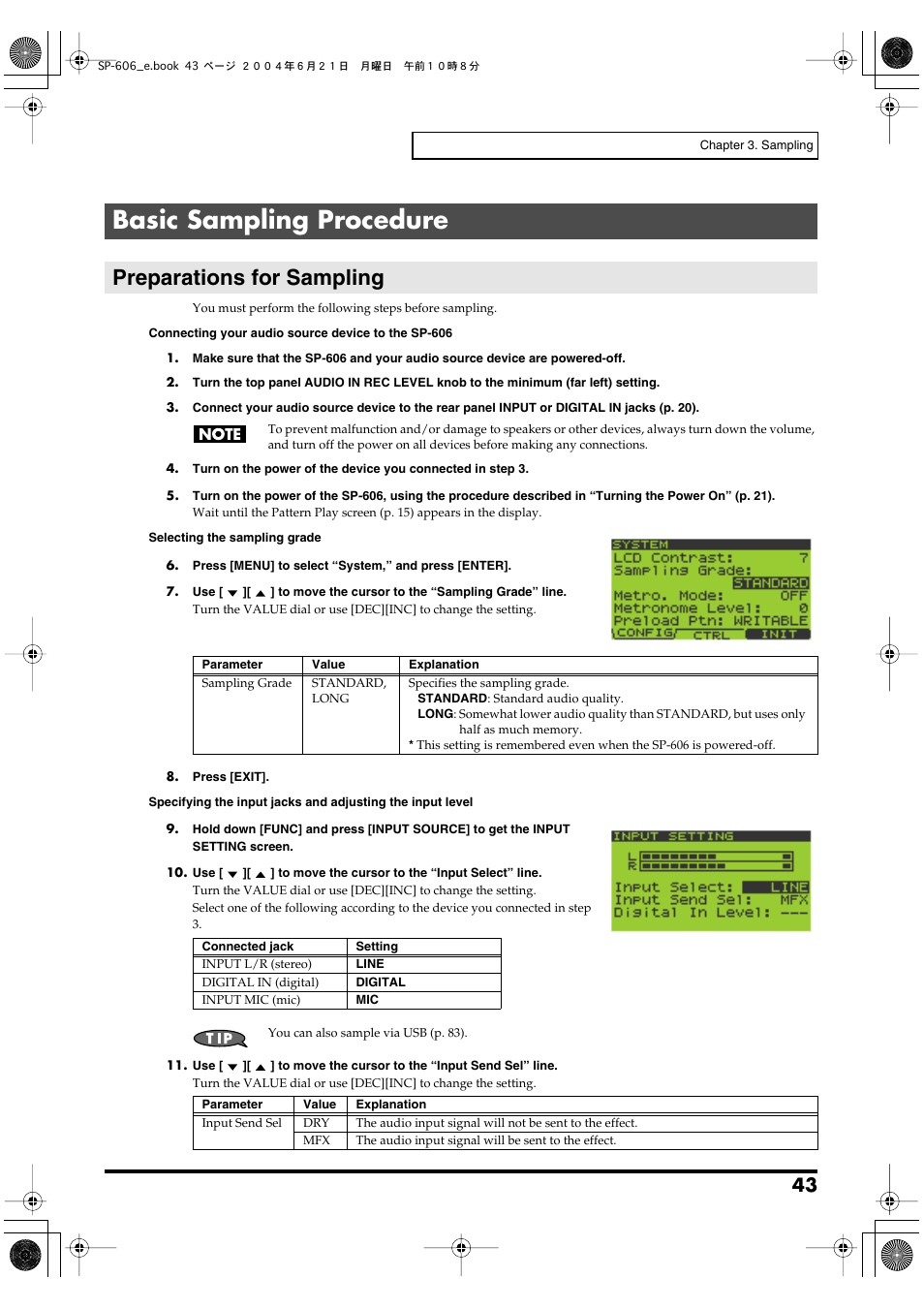 Basic sampling procedure, Preparations for sampling | Roland SP-606 User Manual | Page 43 / 104