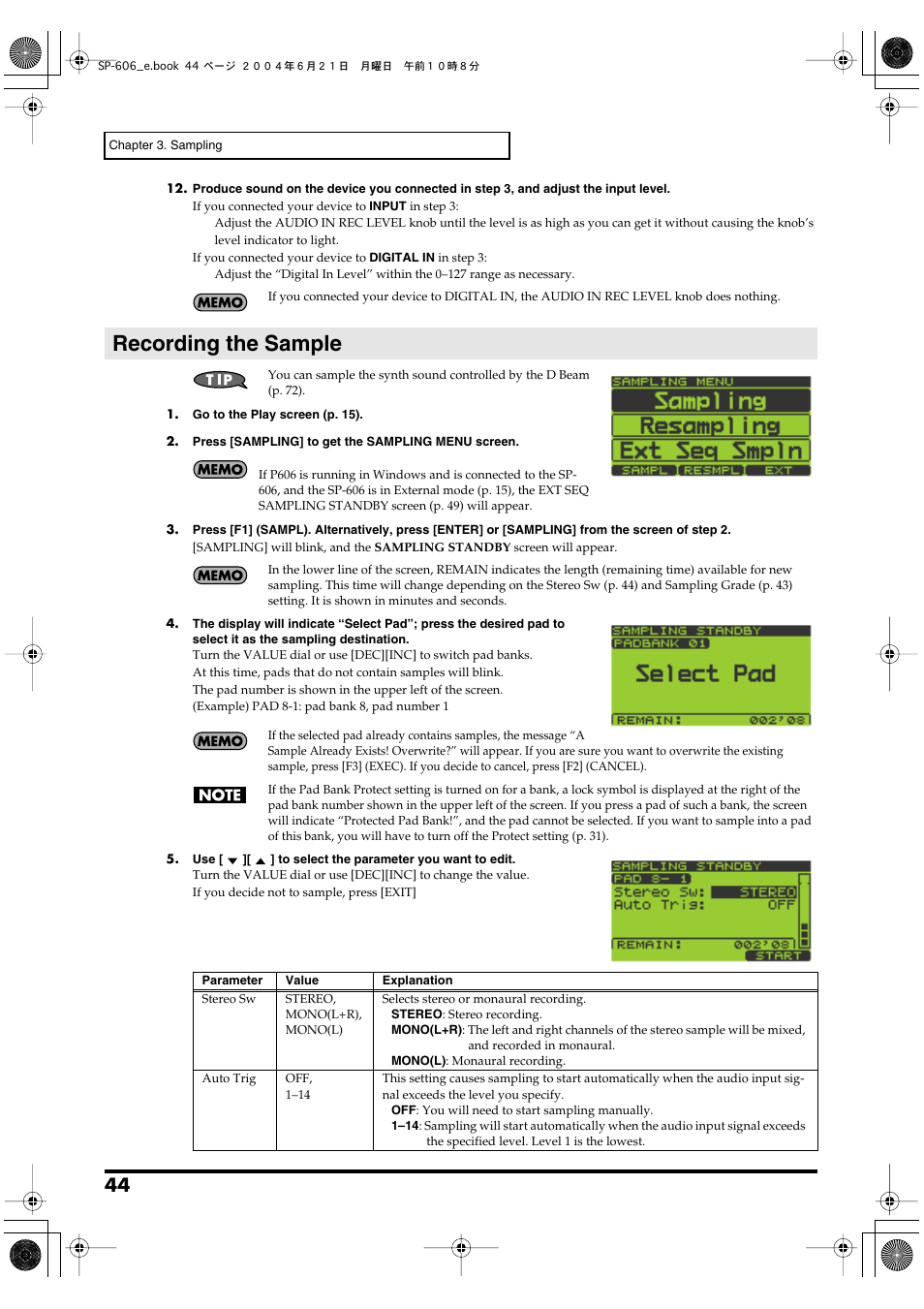 Recording the sample | Roland SP-606 User Manual | Page 44 / 104