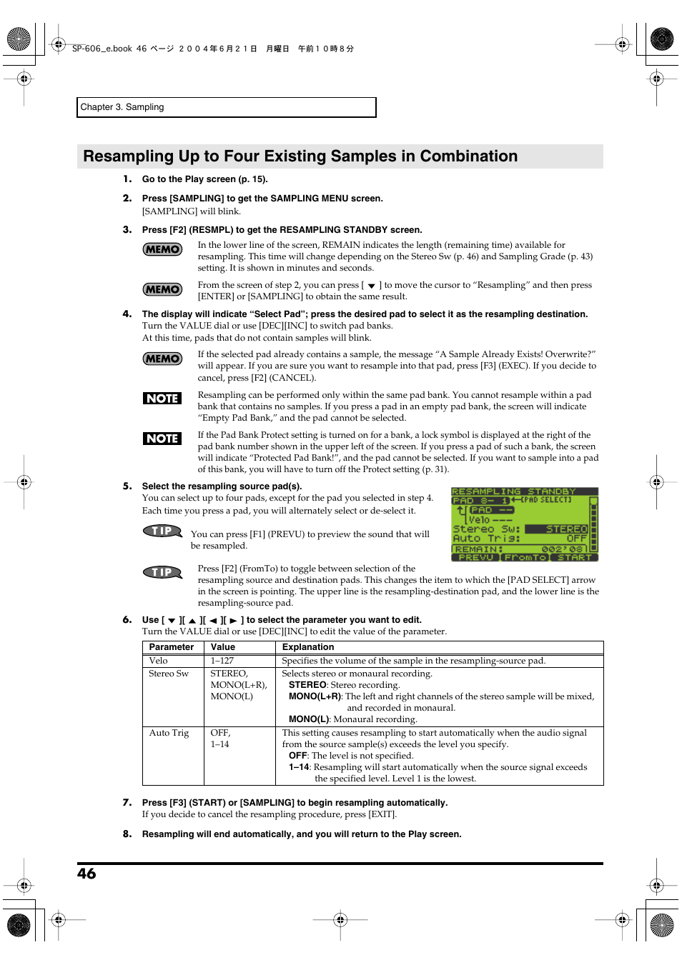 Resampling (automatic) | Roland SP-606 User Manual | Page 46 / 104