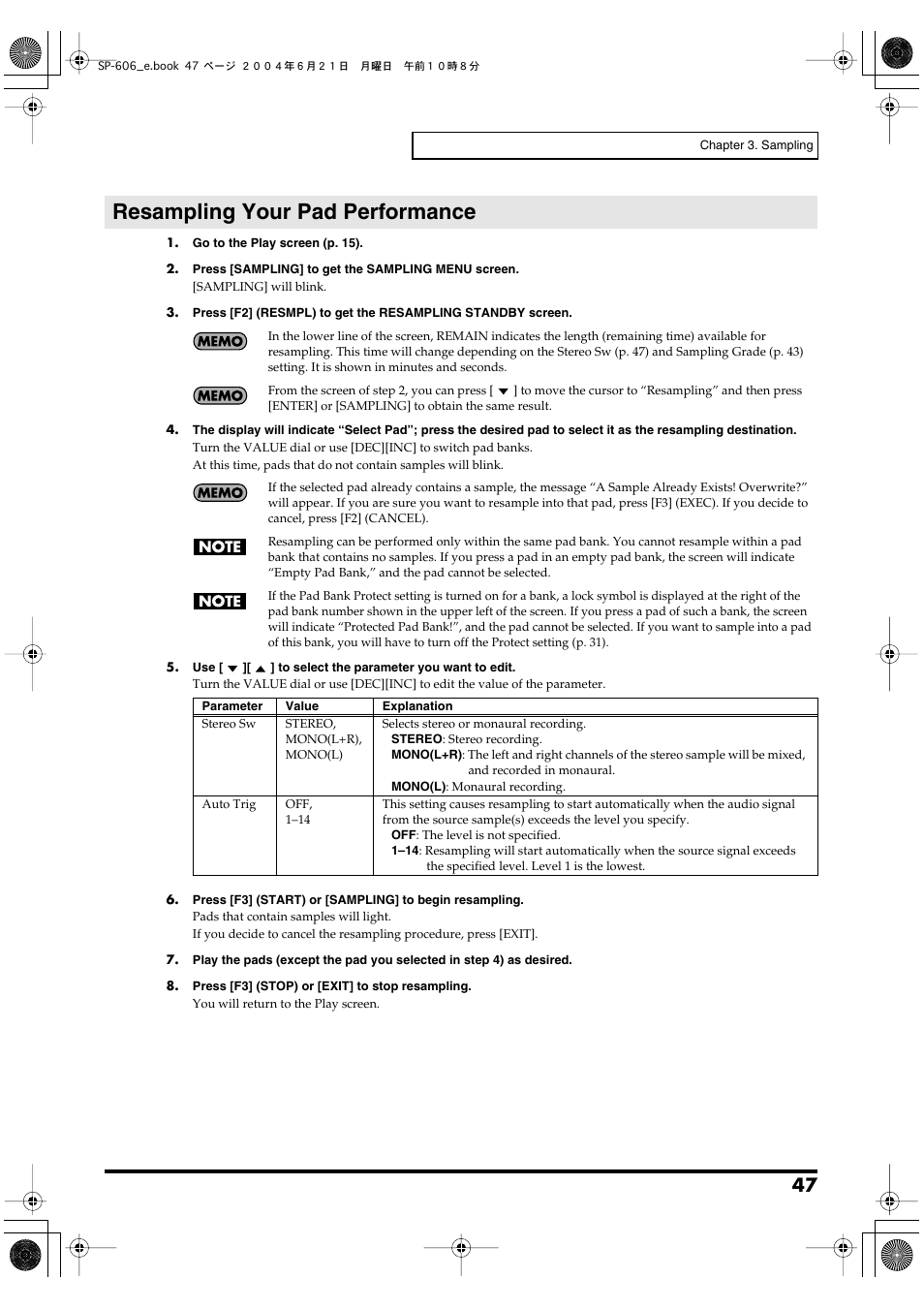 Resampling your pad performance, Resampling (manual) | Roland SP-606 User Manual | Page 47 / 104