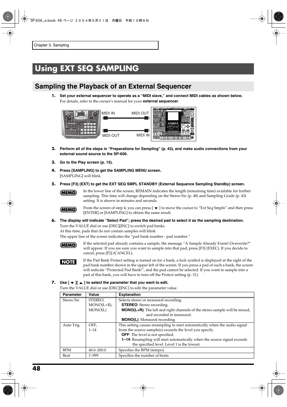 Using ext seq sampling, Sampling the playback of an external sequencer | Roland SP-606 User Manual | Page 48 / 104