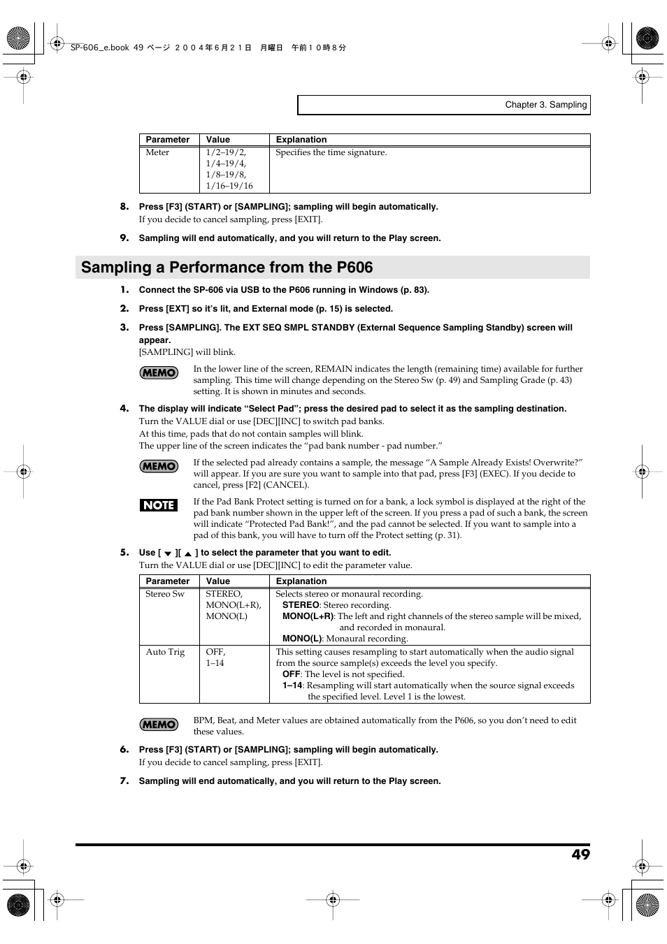 Sampling a performance from the p606, Sampling standby screen (p. 49) will appear | Roland SP-606 User Manual | Page 49 / 104