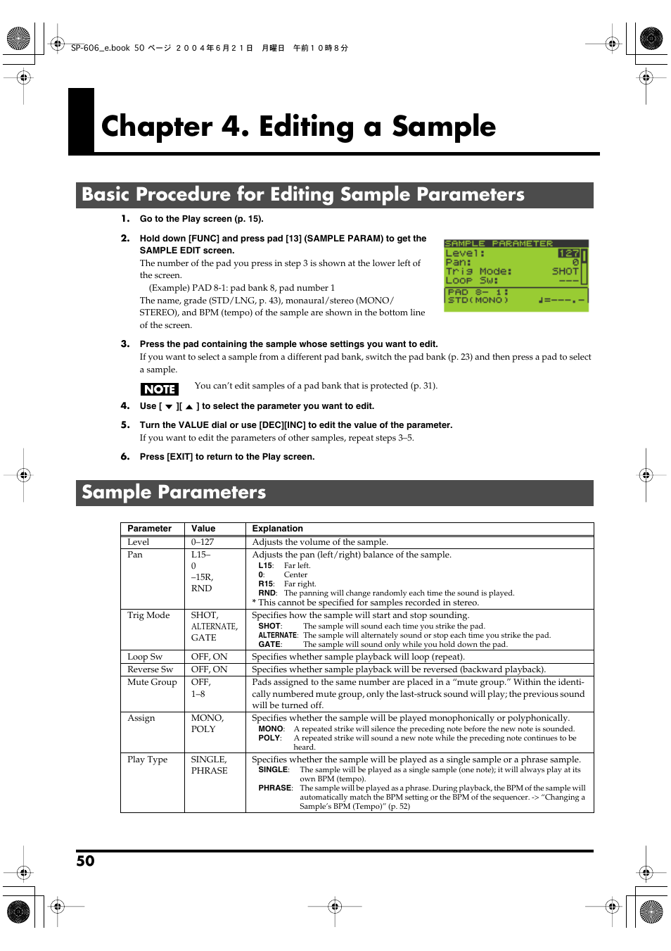 Chapter 4. editing a sample, Basic procedure for editing sample parameters, Sample parameters | Roland SP-606 User Manual | Page 50 / 104