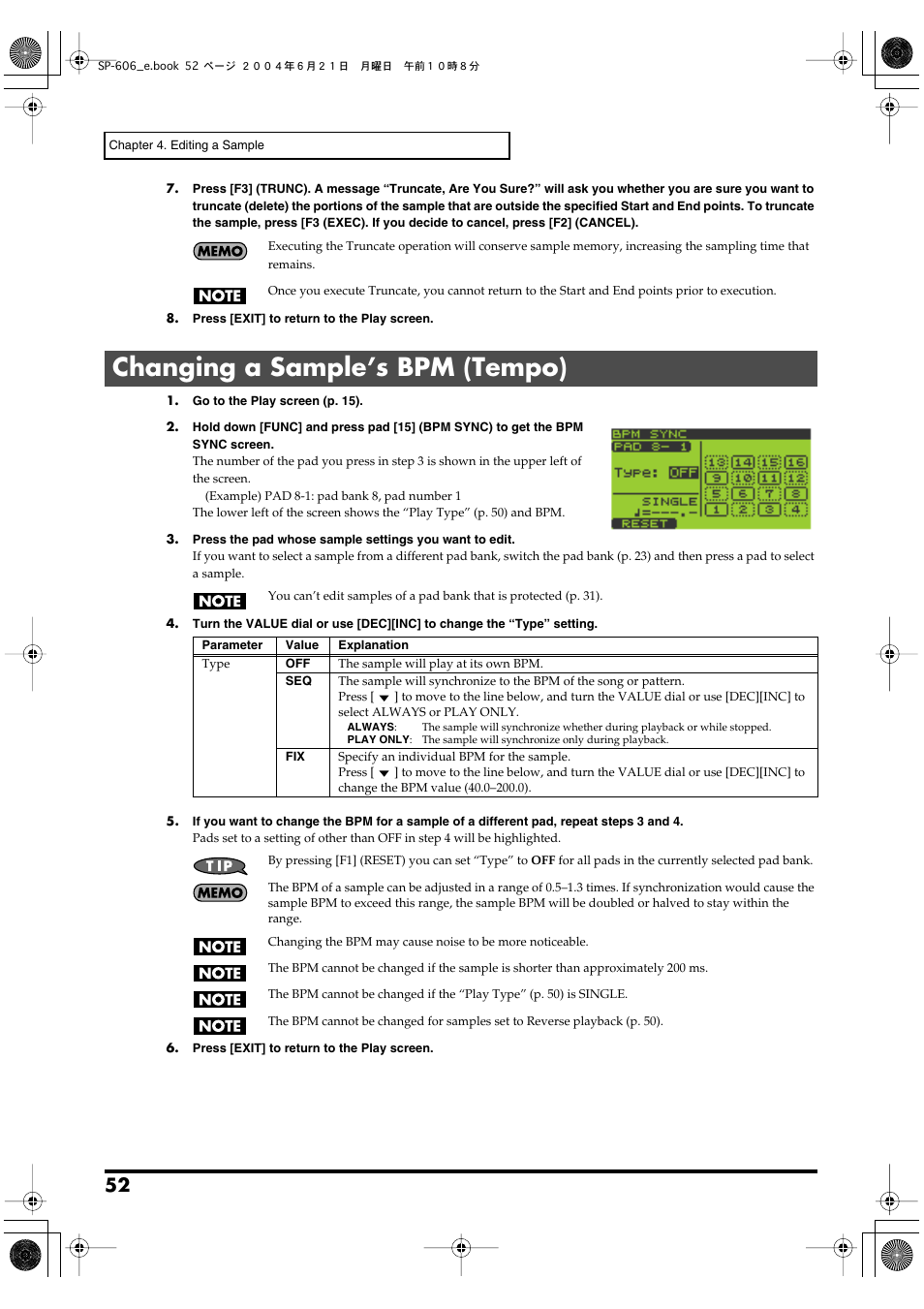 Changing a sample’s bpm (tempo), Bpm (tempo) sync capability (p. 52), Sample’s bpm (tempo)” (p. 52) | Roland SP-606 User Manual | Page 52 / 104