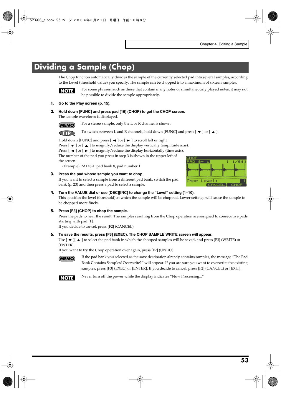 Dividing a sample (chop) | Roland SP-606 User Manual | Page 53 / 104