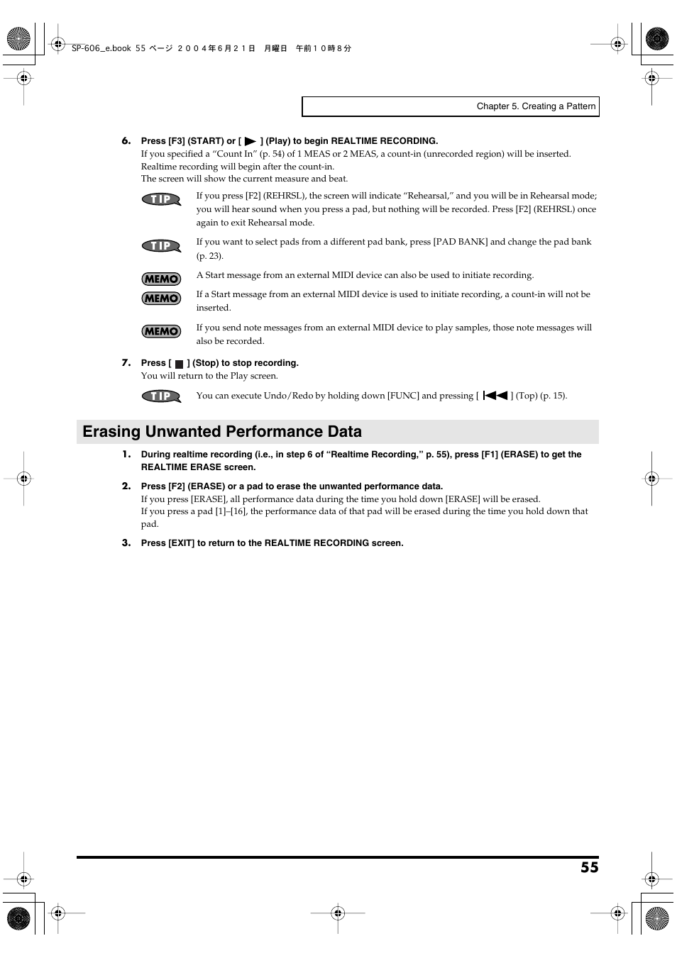 Erasing unwanted performance data | Roland SP-606 User Manual | Page 55 / 104