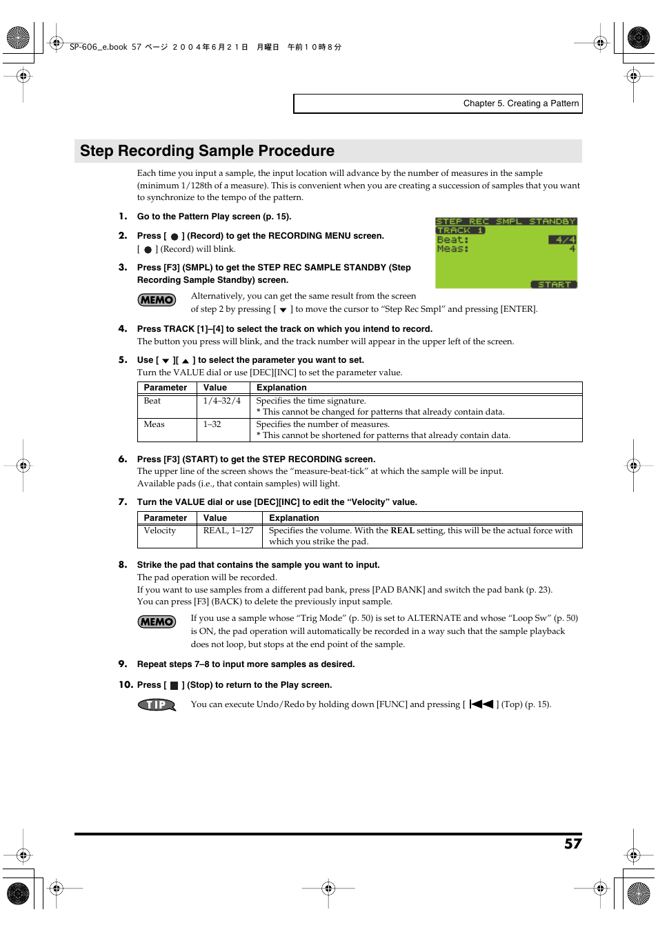 Step recording sample procedure | Roland SP-606 User Manual | Page 57 / 104