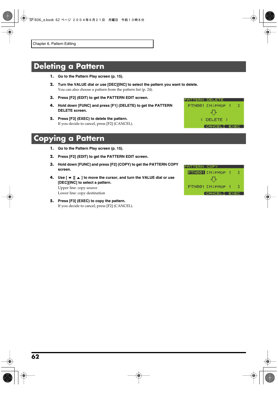 Deleting a pattern, Copying a pattern, Deleting a pattern copying a pattern | Roland SP-606 User Manual | Page 62 / 104