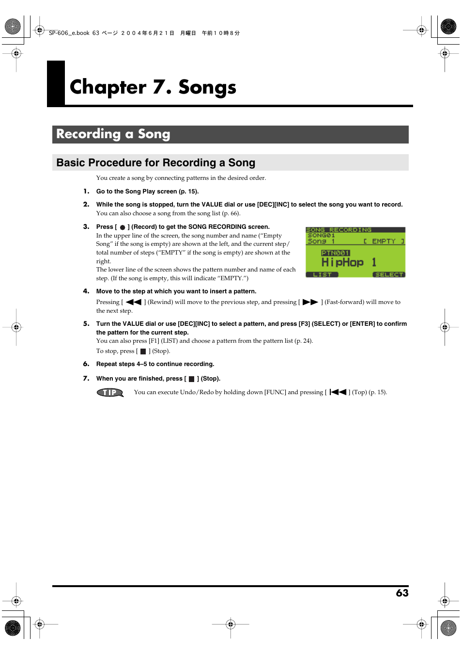 Chapter 7. songs, Recording a song, Basic procedure for recording a song | Roland SP-606 User Manual | Page 63 / 104