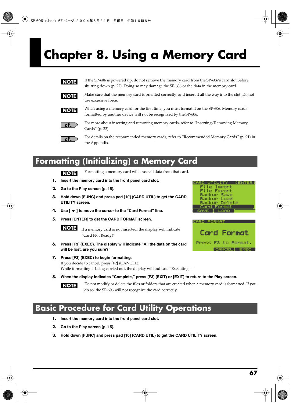 Chapter 8. using a memory card, Formatting (initializing) a memory card, Basic procedure for card utility operations | Roland SP-606 User Manual | Page 67 / 104