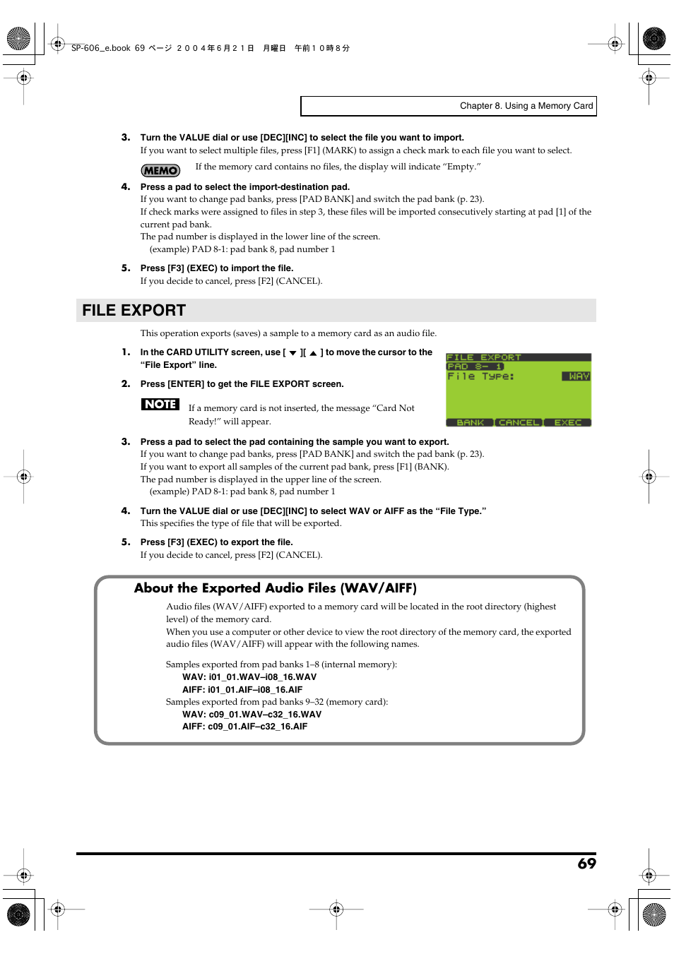 File export, File export -> p. 69, About the exported audio files (wav/aiff) | Roland SP-606 User Manual | Page 69 / 104