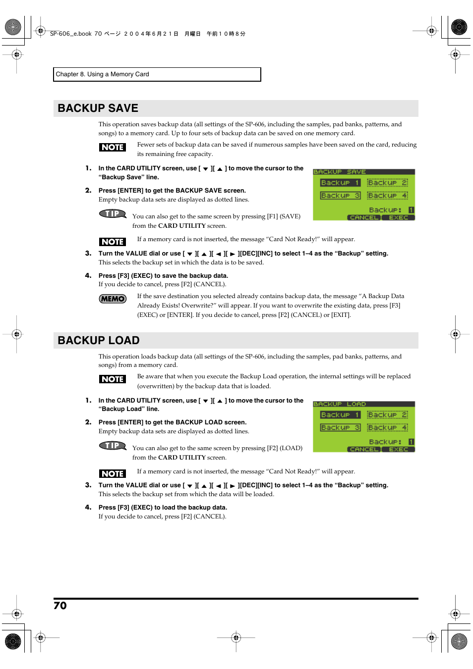 Backup save, Backup load, Backup save backup load | Backup save -> p. 70, Backup load -> p. 70 | Roland SP-606 User Manual | Page 70 / 104