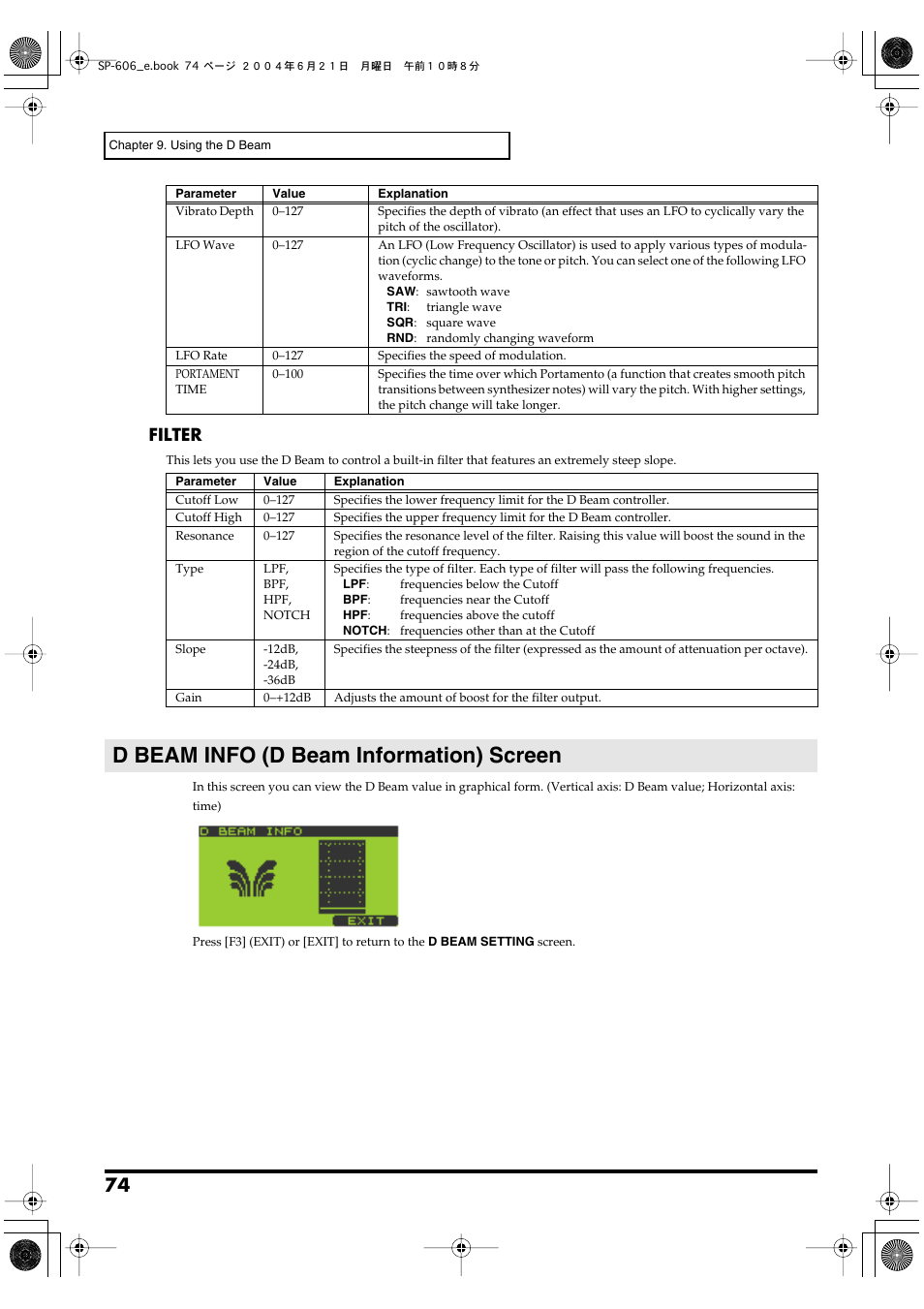 D beam info (d beam information) screen, Filter | Roland SP-606 User Manual | Page 74 / 104