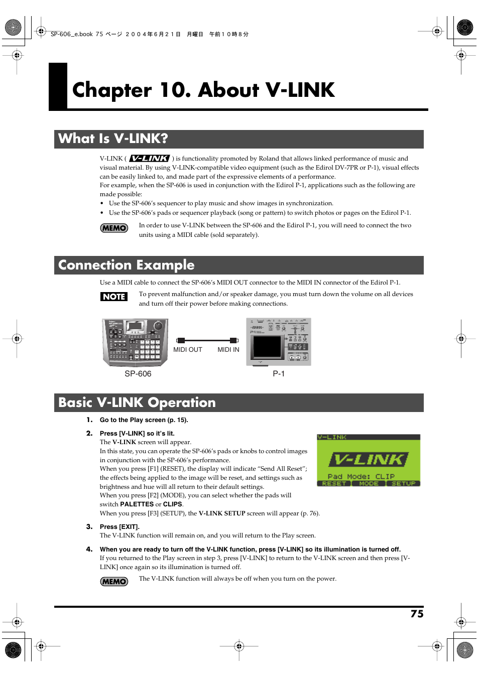 Chapter 10. about v-link, What is v-link, Connection example | Basic v-link operation, This turns v-link on/off. (p. 75) | Roland SP-606 User Manual | Page 75 / 104