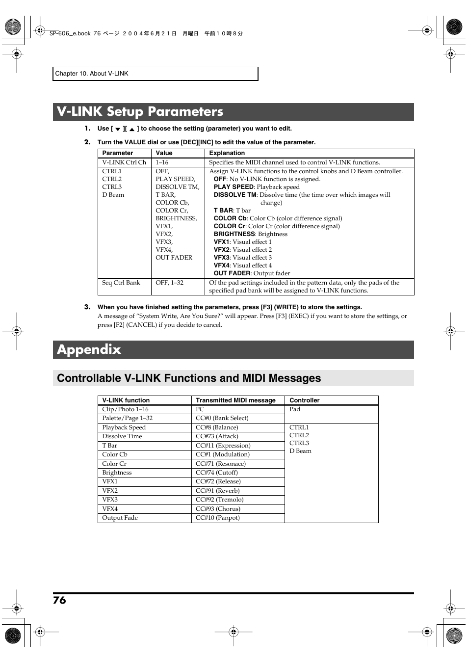 V-link setup parameters, Appendix, Controllable v-link functions and midi messages | V-link setup parameters appendix | Roland SP-606 User Manual | Page 76 / 104