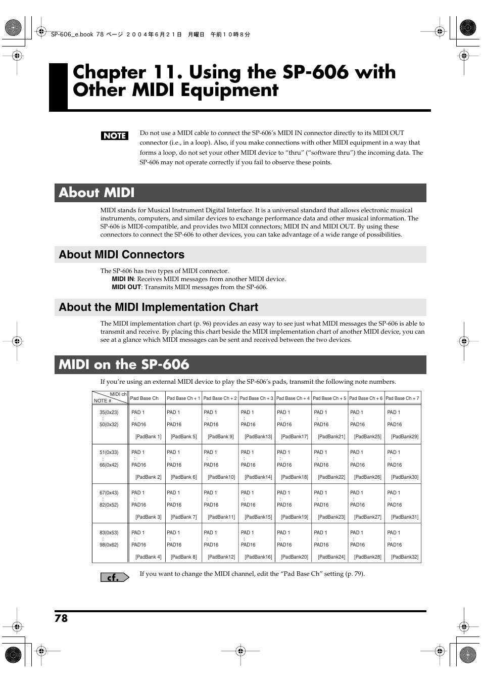 About midi, About midi connectors, About the midi implementation chart | Midi on the sp-606, Use these to connect midi equipment. (p. 78) | Roland SP-606 User Manual | Page 78 / 104