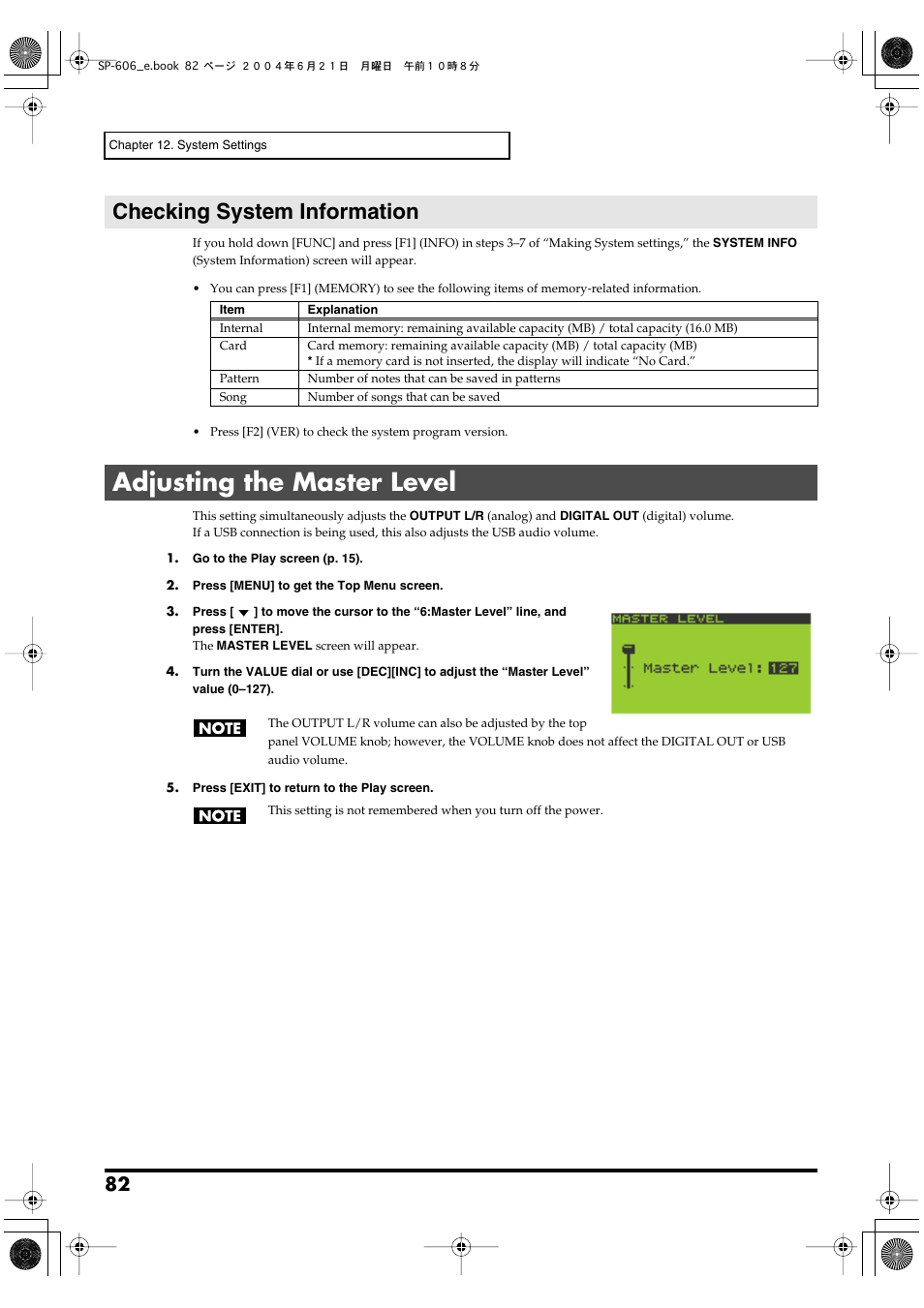 Checking system information, Adjusting the master level | Roland SP-606 User Manual | Page 82 / 104