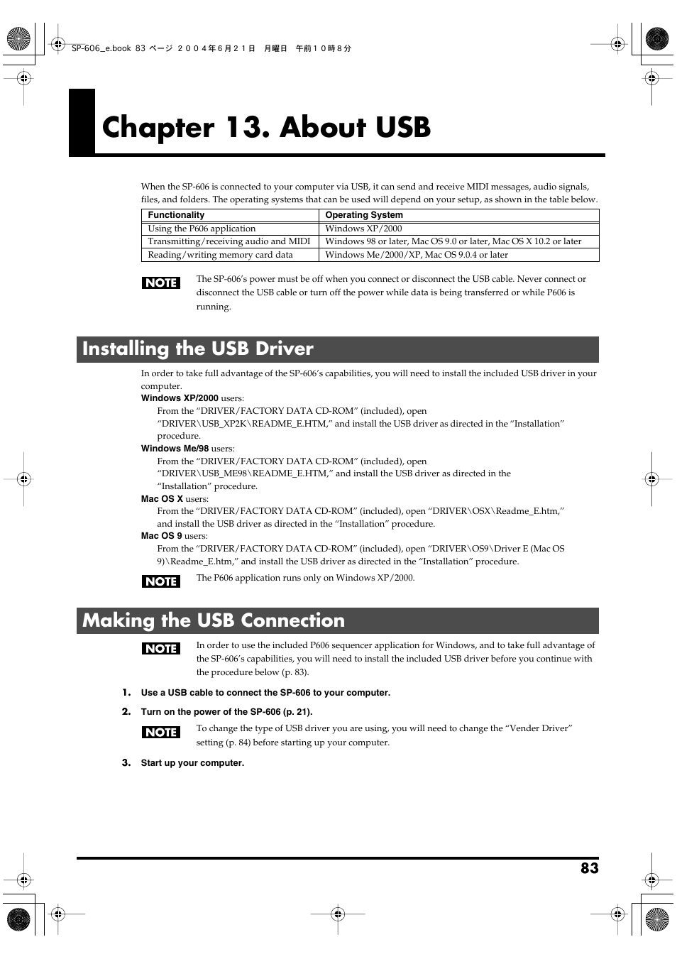 Chapter 13. about usb, Installing the usb driver, Making the usb connection | P. 83), You can also sample via usb (p. 83) | Roland SP-606 User Manual | Page 83 / 104