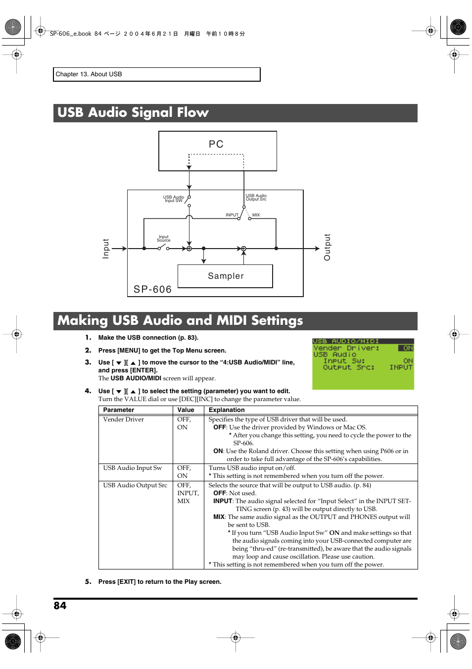 Usb audio signal flow, Making usb audio and midi settings, Sp-606 pc | Sampler, Input output | Roland SP-606 User Manual | Page 84 / 104