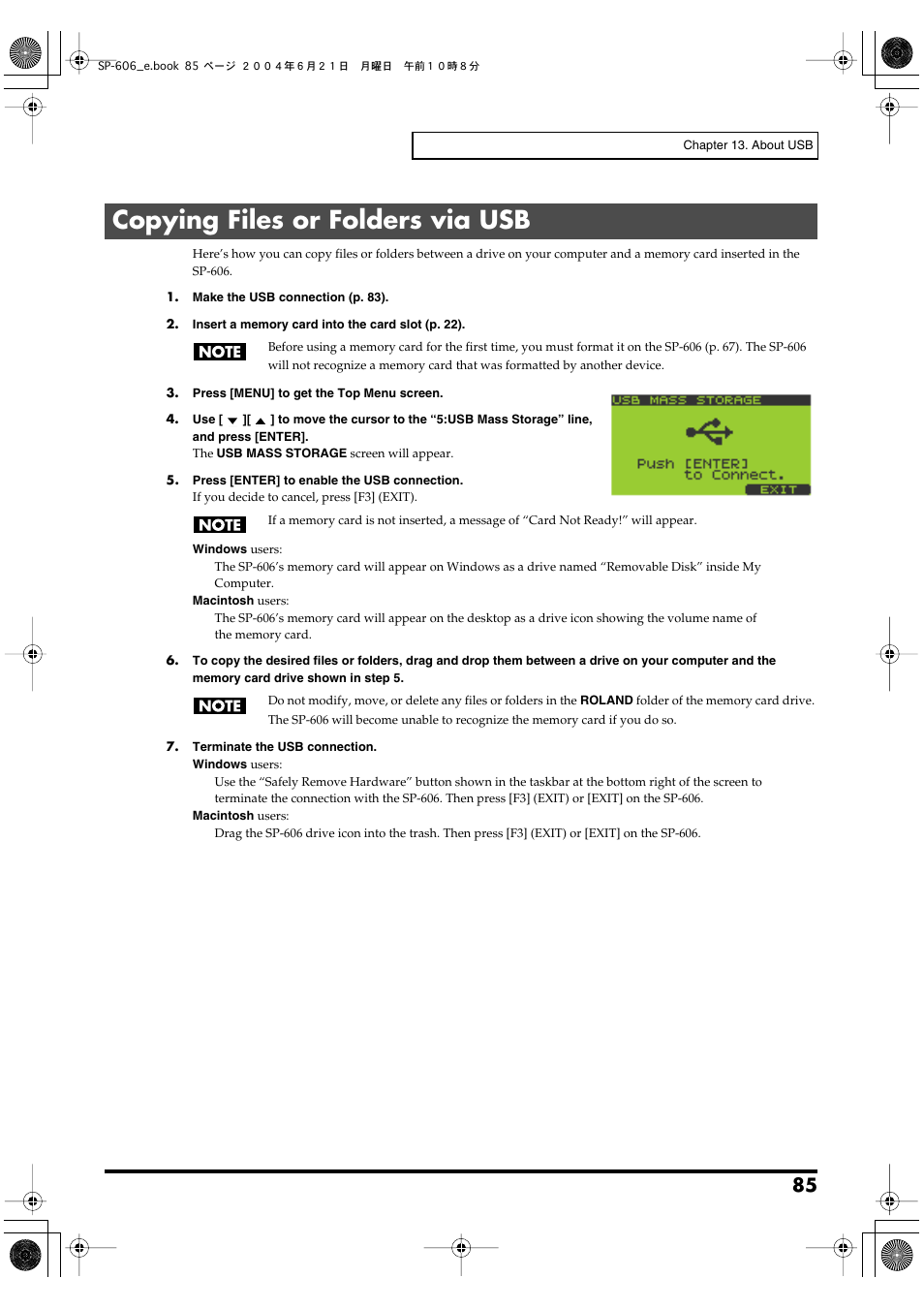 Copying files or folders via usb | Roland SP-606 User Manual | Page 85 / 104