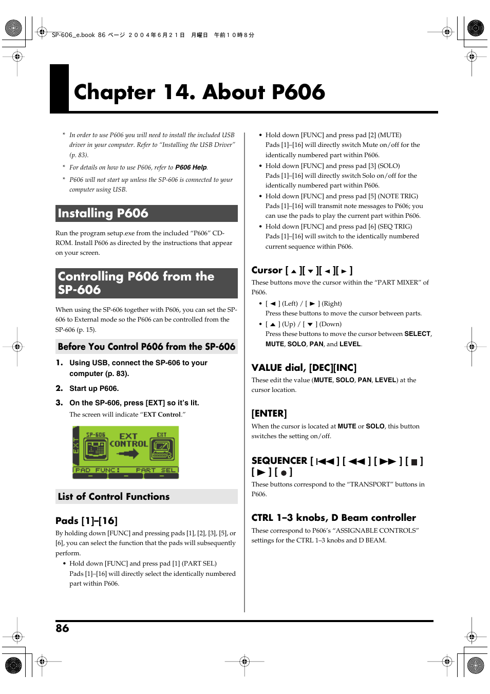 Chapter 14. about p606, Installing p606, Controlling p606 from the sp-606 | Before you control p606 from the sp-606, List of control functions, Installing p606 controlling p606 from the sp-606 | Roland SP-606 User Manual | Page 86 / 104
