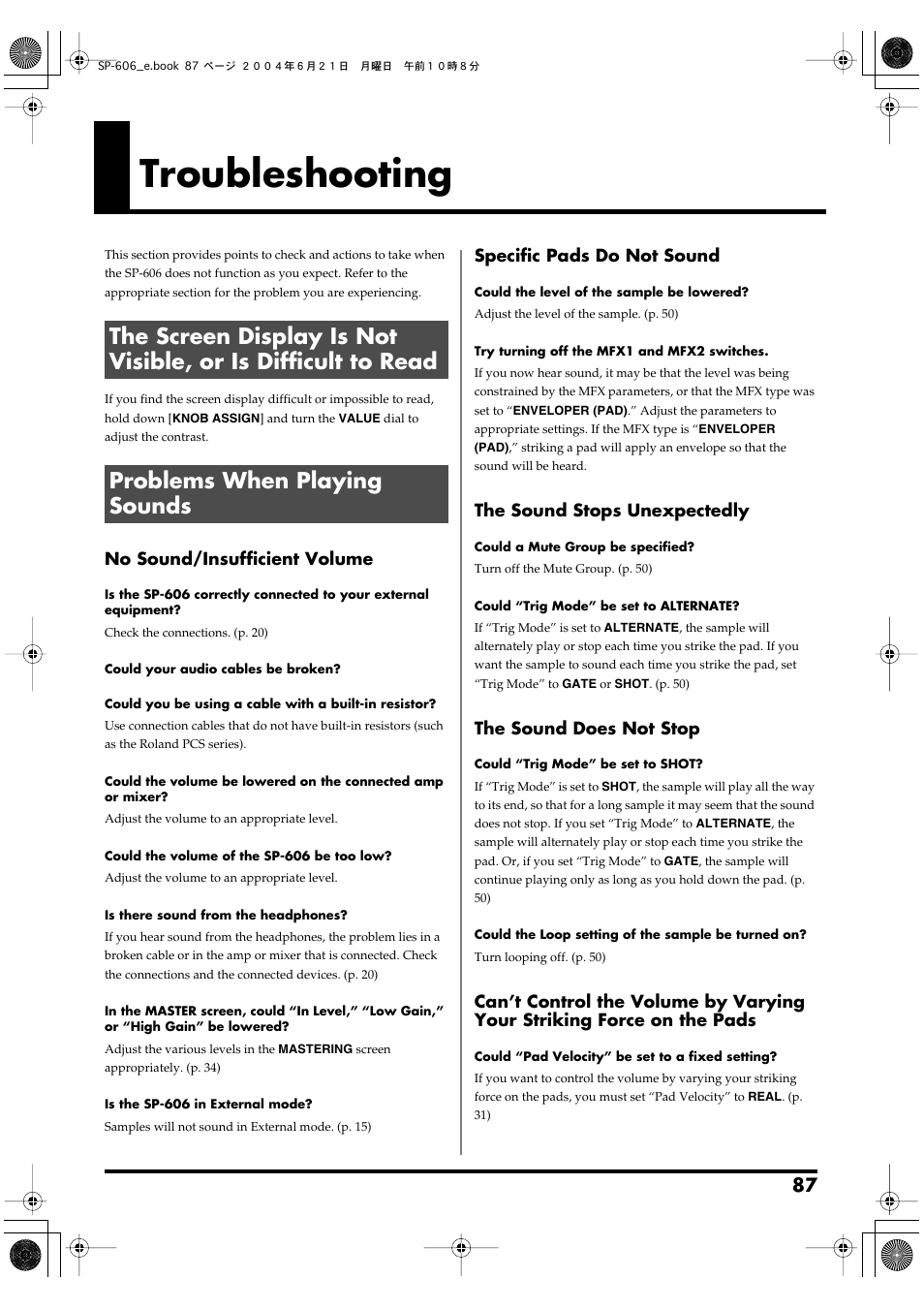 Troubleshooting, Problems when playing sounds, No sound/insufficient volume | Specific pads do not sound, The sound stops unexpectedly, The sound does not stop | Roland SP-606 User Manual | Page 87 / 104